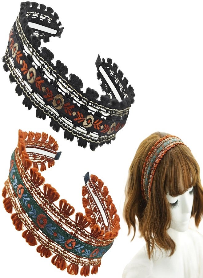 Capiant 2 Pack Embroidered Headbands for Women, Wide Non-Slip Boho Floral Hair Hoops, Ethnic Flower Head, Lace - Image 1